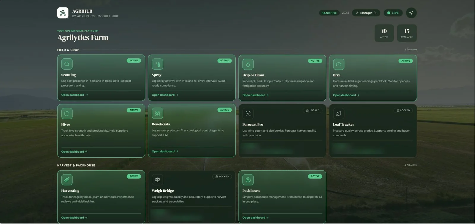 The AgriHub module hub, showing active and locked modules for a farm